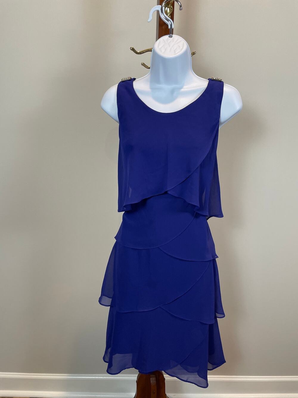 SLNY Layered Chiffon Dress Size 8 Cobalt Blue Ruffle Flowy